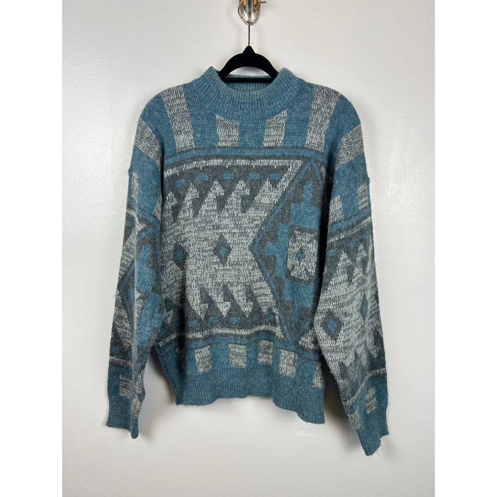 Pacific Club Mens Southwestern Mock Neck Sweater Medium Blue‎ Gray Aztec Jumper